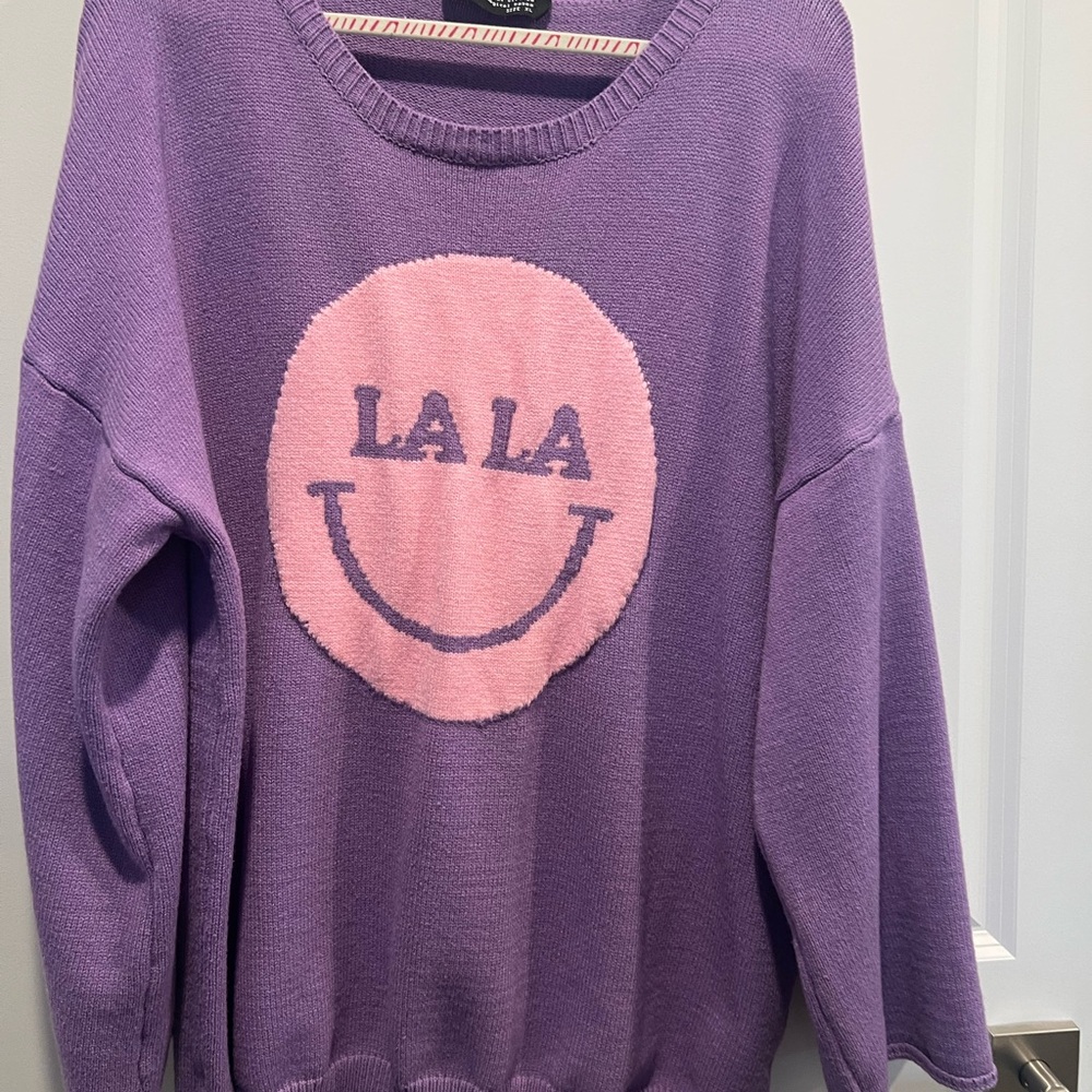 Dressed in LALA Purple Sweater with Pink Smile Design
